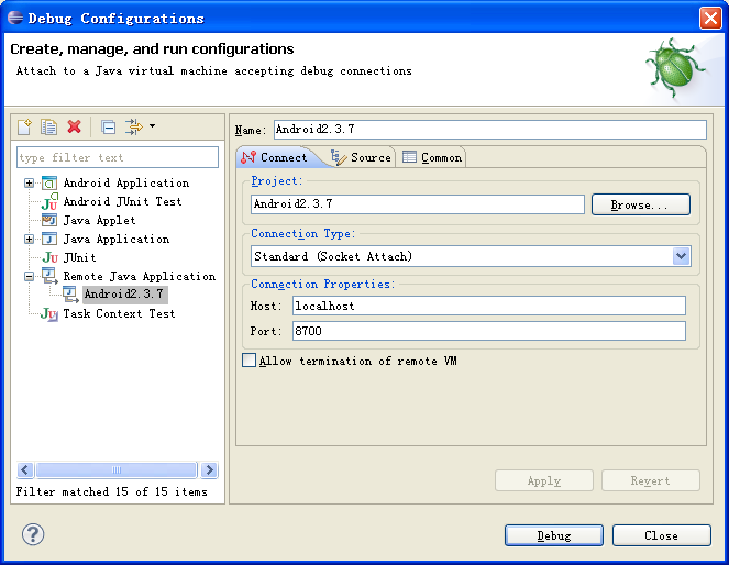 Debug Configurations for Remote Application